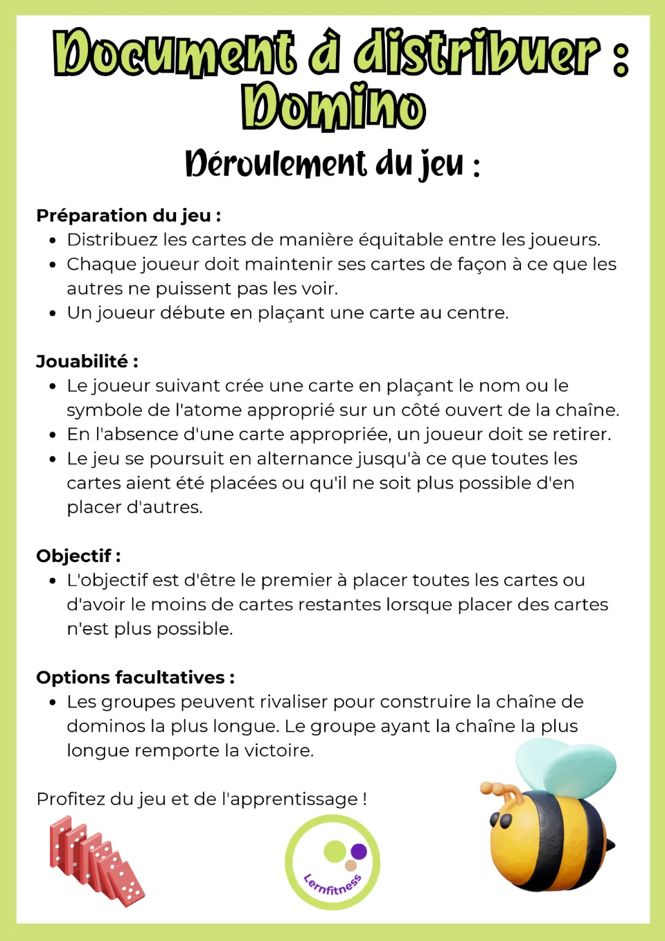 French domino rules handout covering dealing cards, taking turns, winning, and a longest-chain option