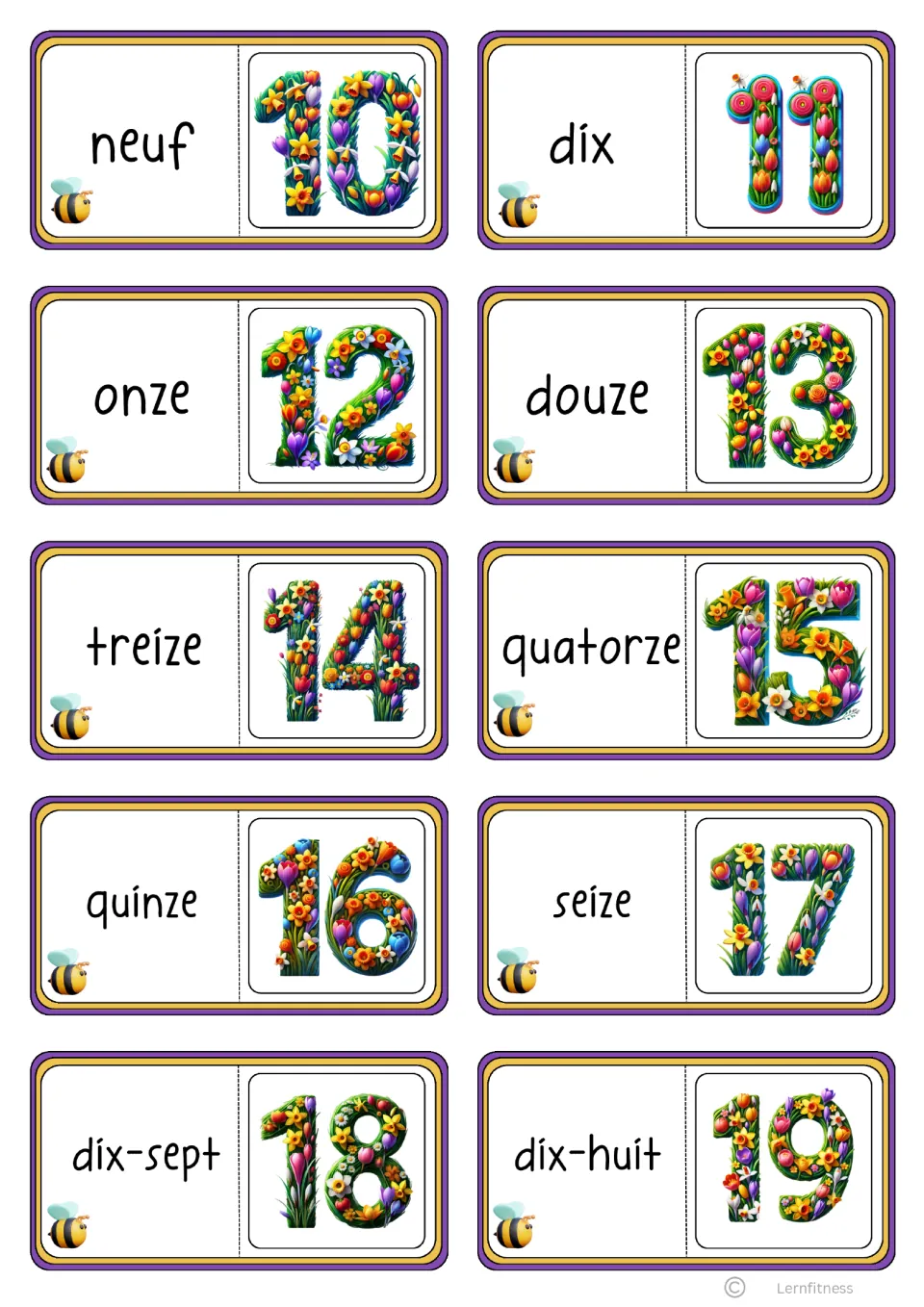 Black-text French domino cards 11–20: neuf (nine) through dix-huit (eighteen) paired with numerals 10–19