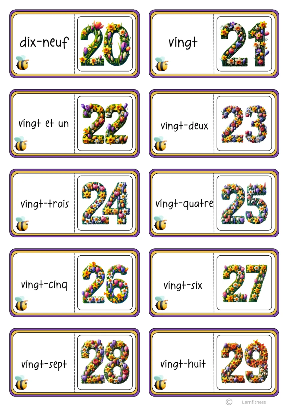 Black-text French domino cards 21–30: dix-neuf (nineteen) through vingt-huit (twenty-eight), numerals 20–29