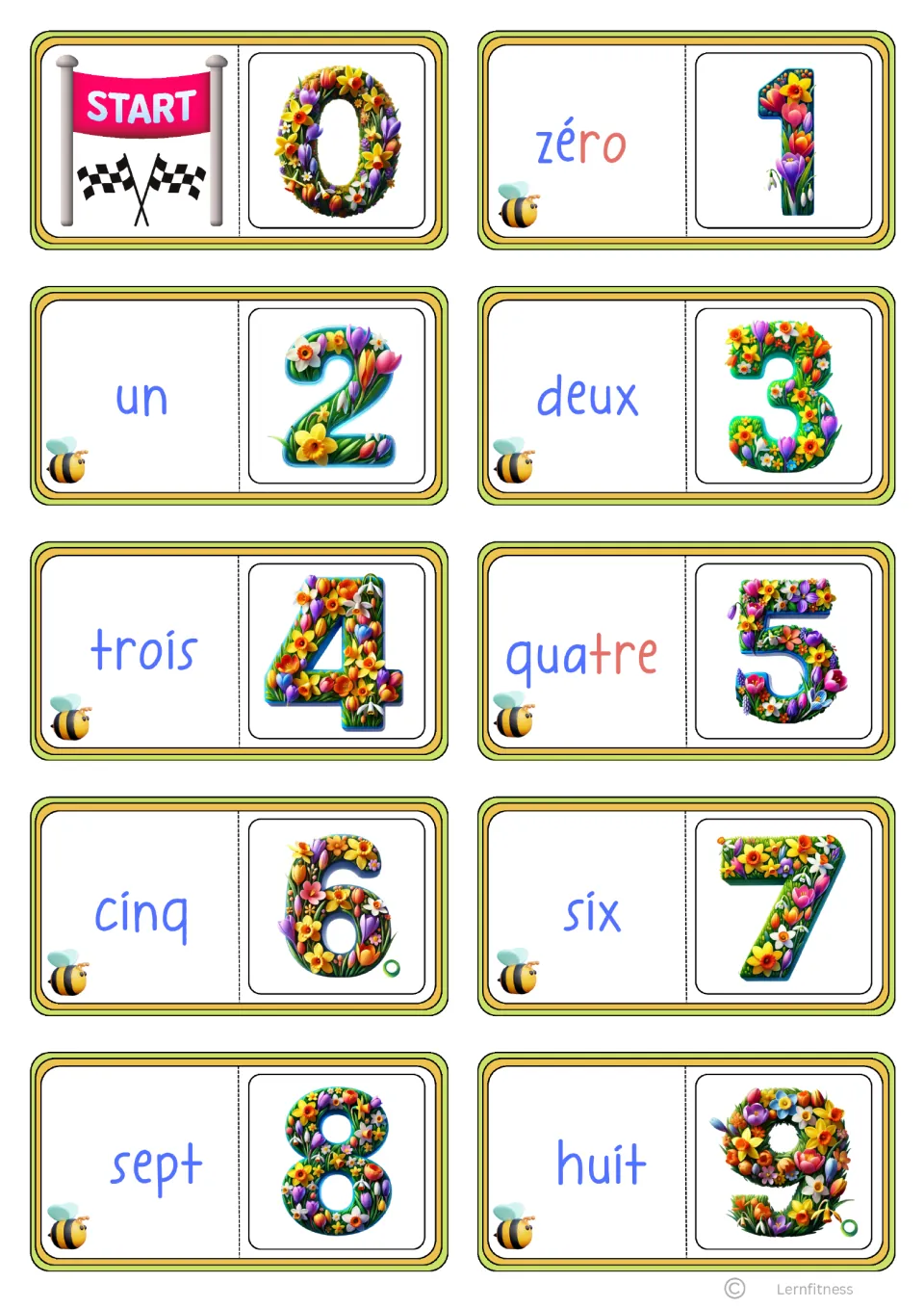 Color-coded French domino cards 1–10: Start/0, then zéro (zero) through huit (eight) with numerals 1–9
