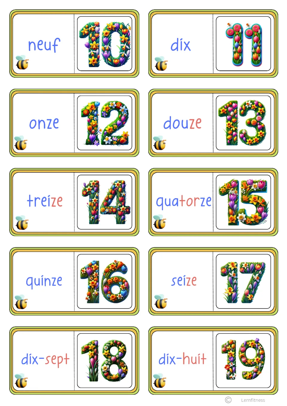 Color-coded French domino cards 11–20: neuf (nine) through dix-huit (eighteen) with numerals 10–19