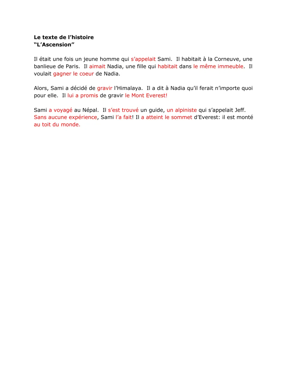 French story script follows Sami's promise to climb Everest for Nadia, with key vocabulary highlighted in red.