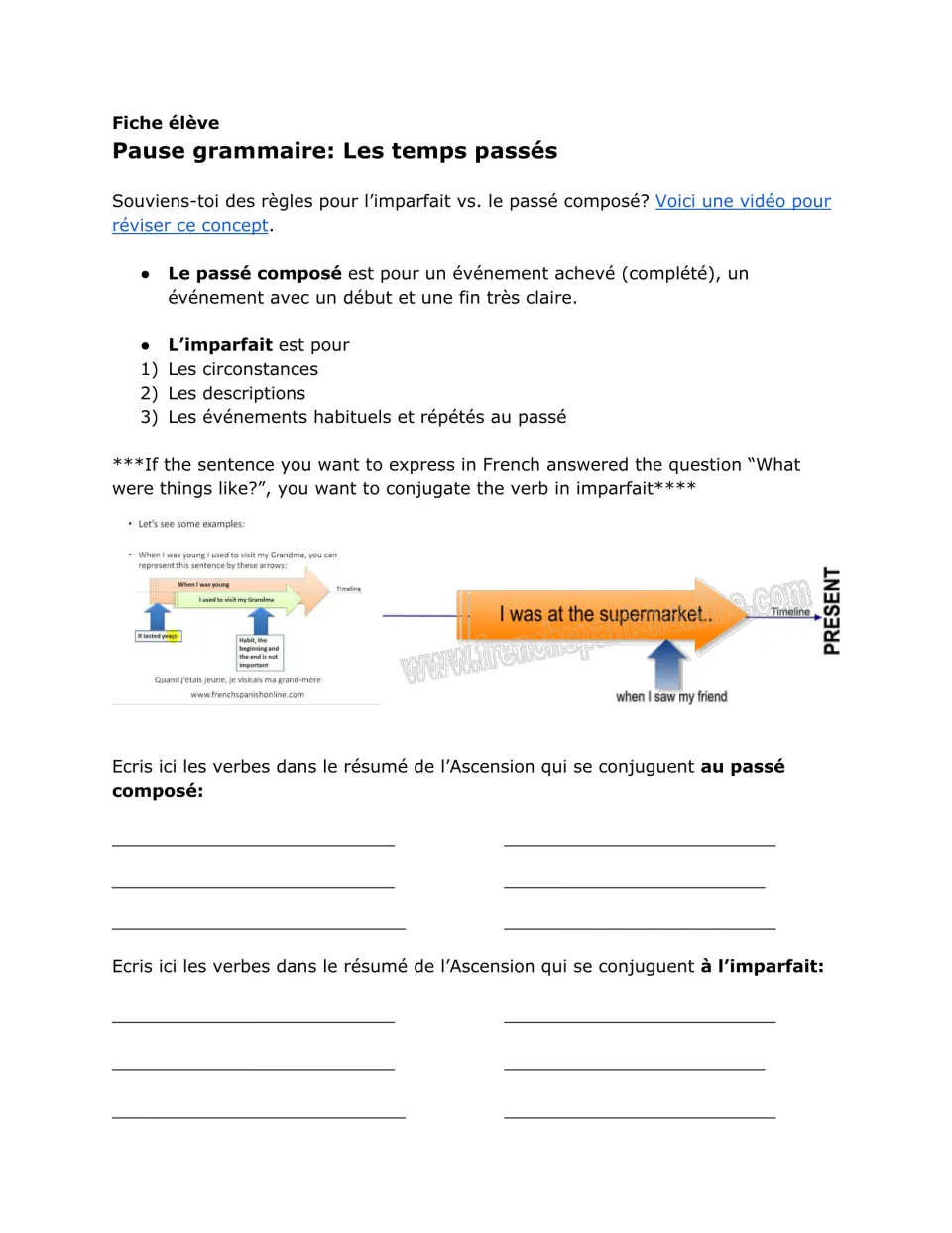 Past-tense review explains passé composé and imparfait, then asks students to identify each tense in the story.