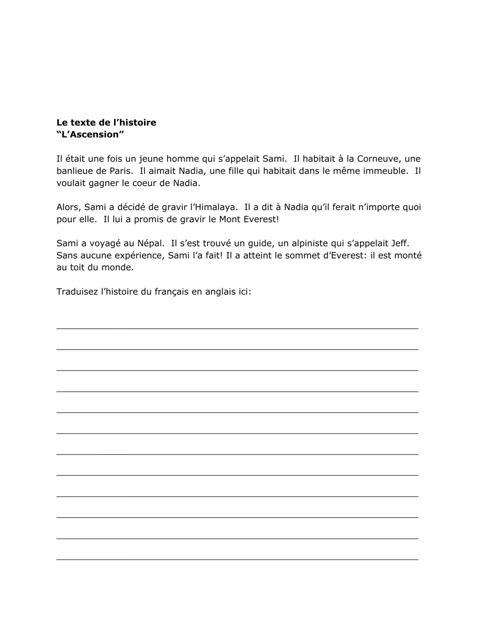 Student translation activity repeats the French story about Sami climbing Everest and asks for an English version.