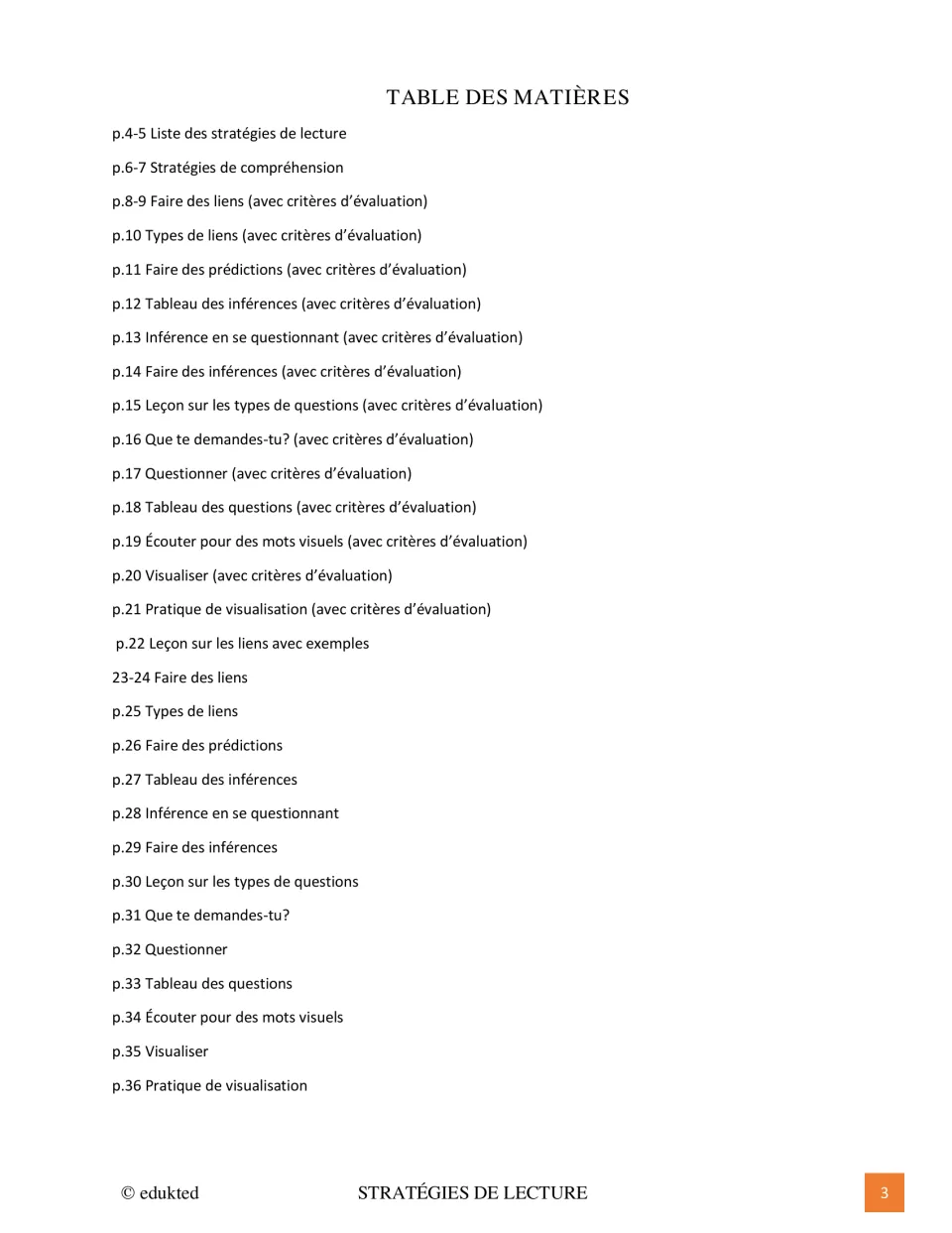 Contents of the French reading packet list strategies, connections, predictions, inference, and visualization