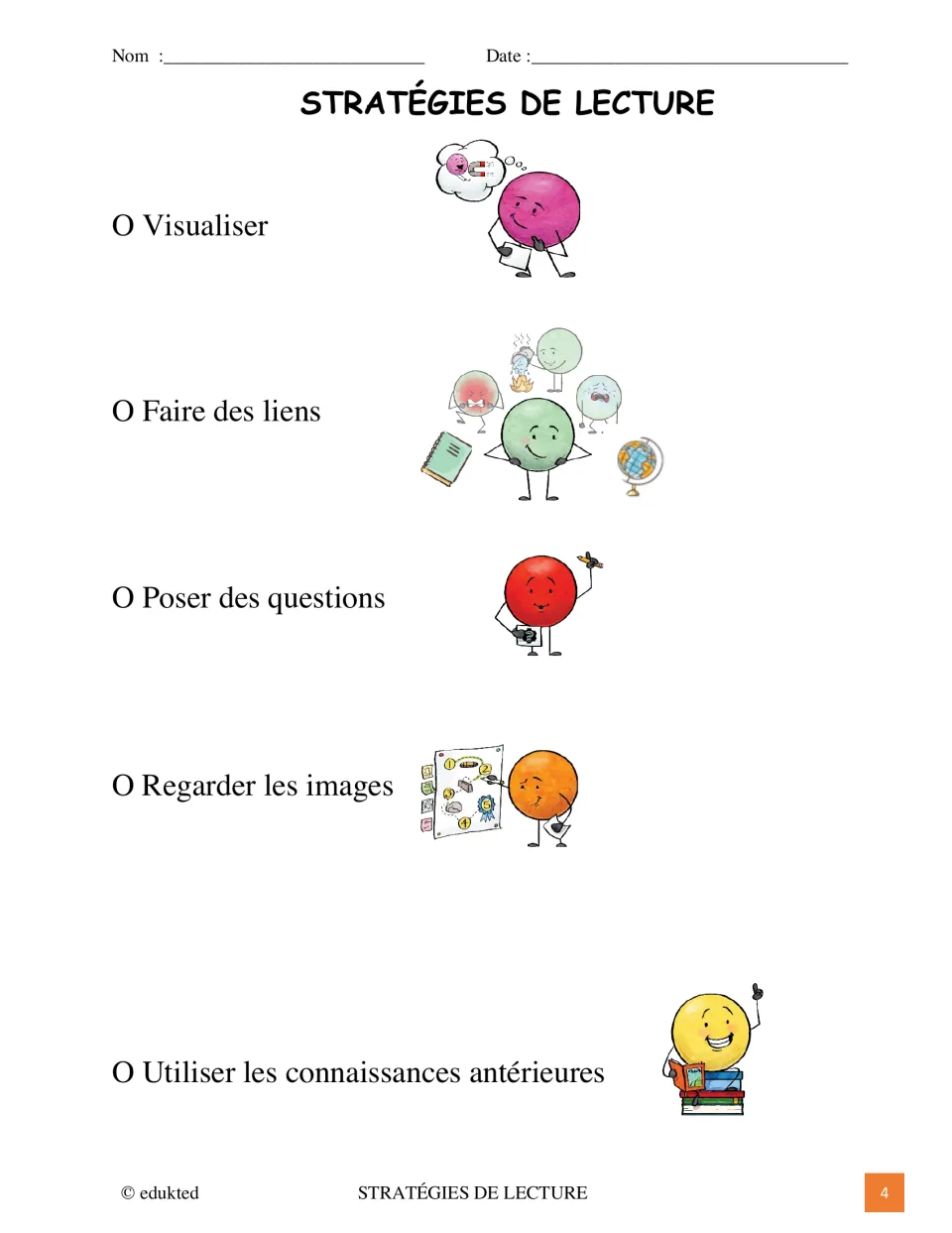 French strategy reference lists visualizing, making connections, asking questions, and two more reading strategies