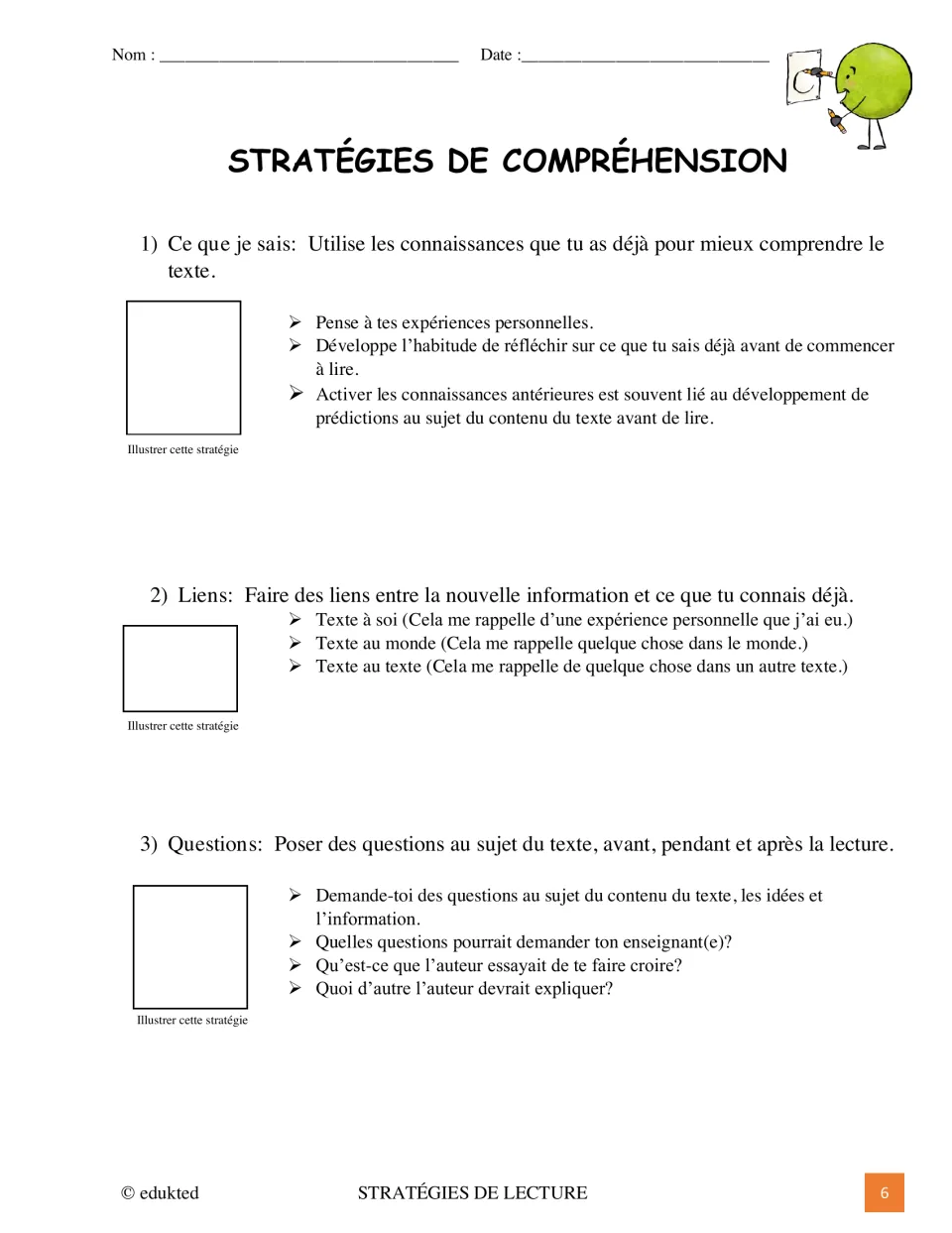 French comprehension reference explains prior knowledge, text connections, and questioning, with drawing prompts