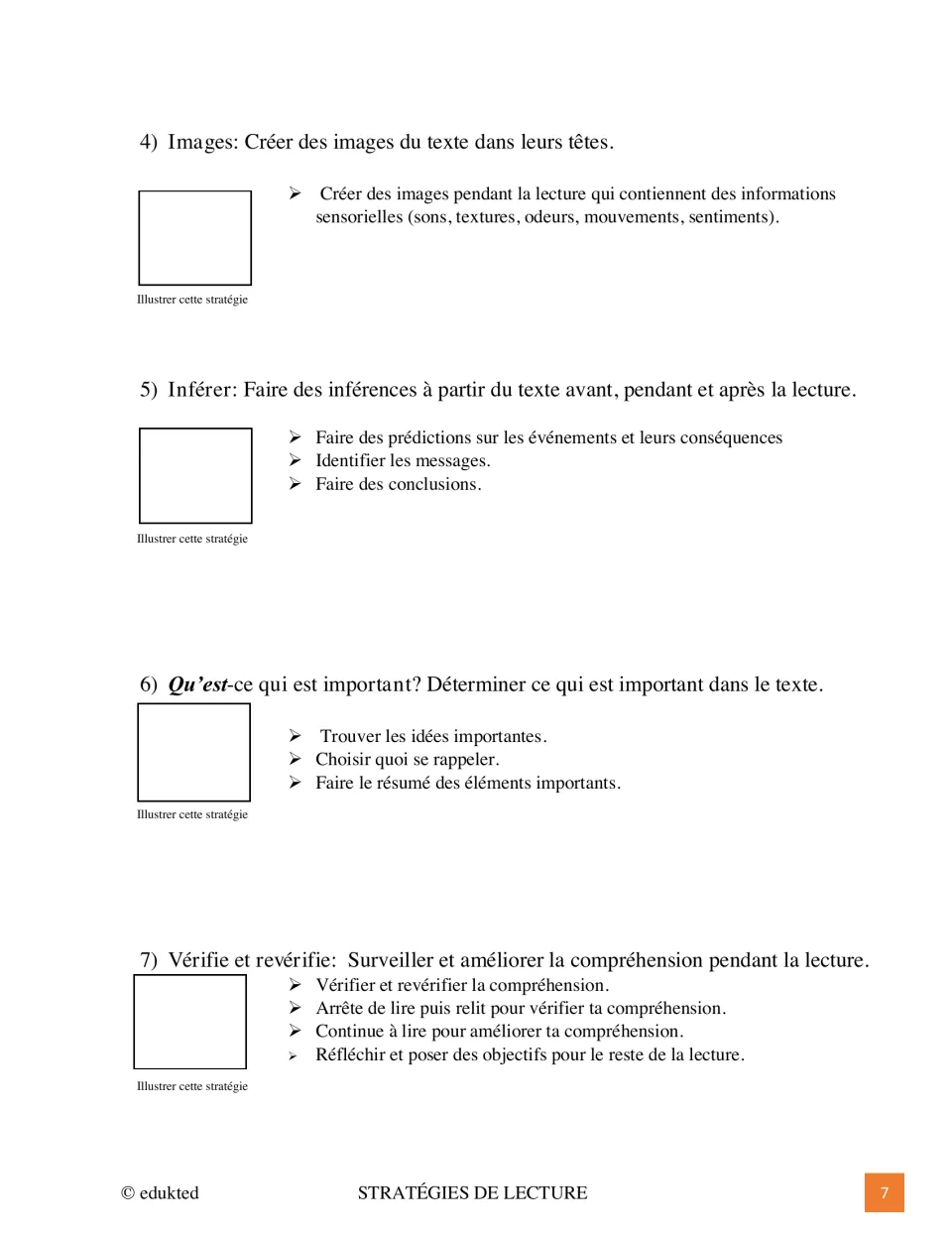 French comprehension reference covers mental images, inference, important ideas, and checking understanding