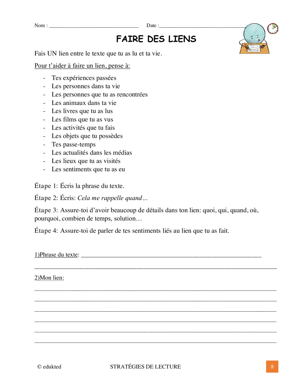 French connection worksheet asks students to quote a text and connect it to their lives using details and feelings