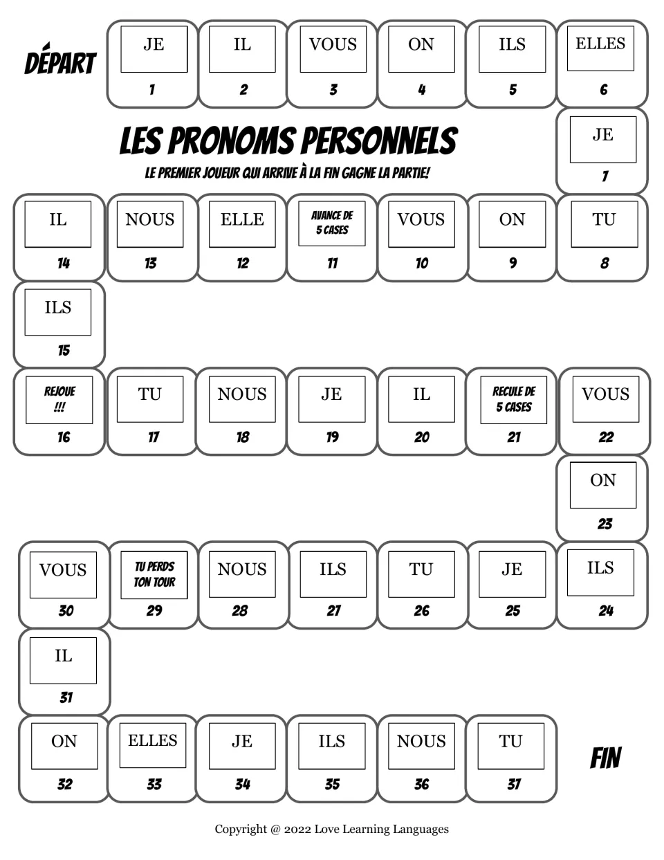 French subject pronoun game board, spaces 1–37: je (I), il (he), vous (you), on (we), and other pronouns.