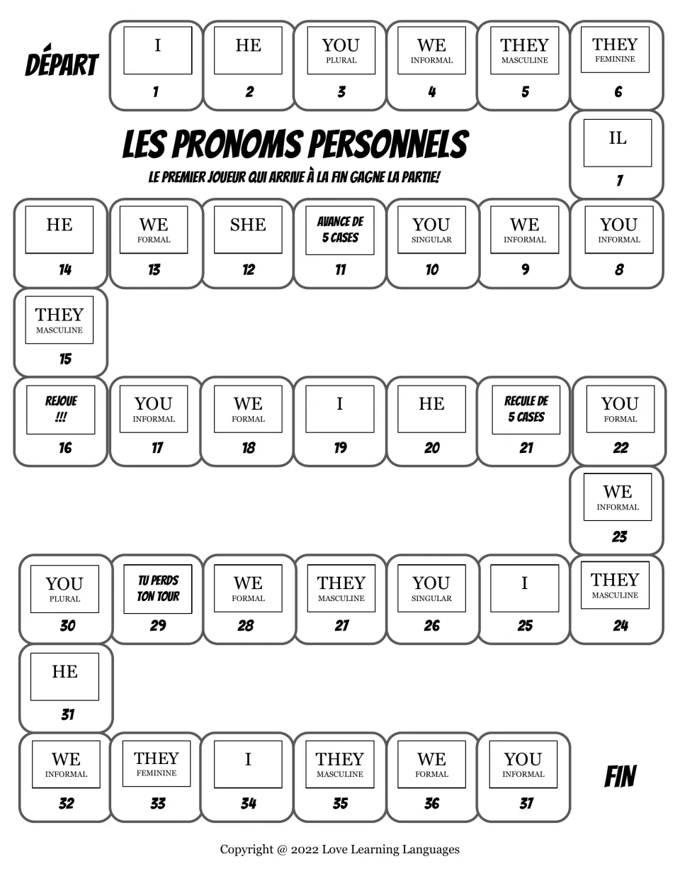 Second subject pronoun game board, spaces 1–37, with English prompts such as I, he, and they (feminine).