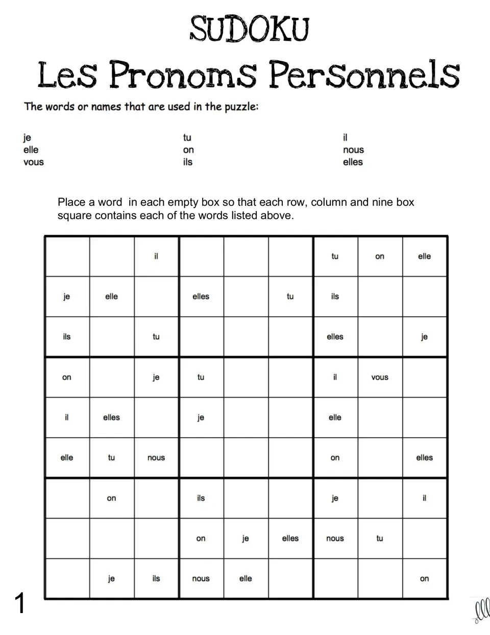 Pronoun sudoku 1: students fill in nine French subject pronouns, je to elles, so no row, column or square repeats one