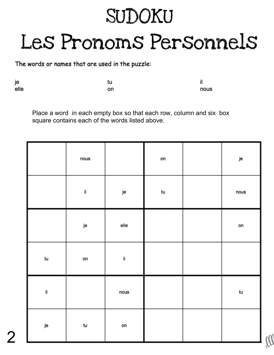 Pronoun sudoku 2: a six-word puzzle where students fill rows, columns and blocks with je, tu, il, elle, on and nous
