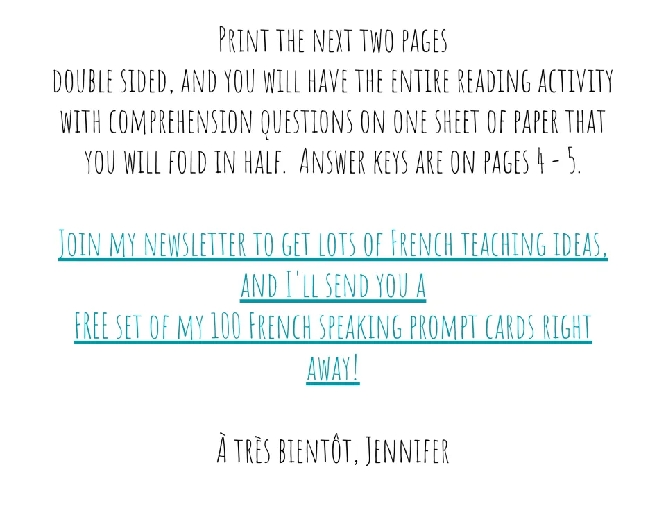 Printing instructions for the French reading booklet: print the next two pages double-sided and fold in half