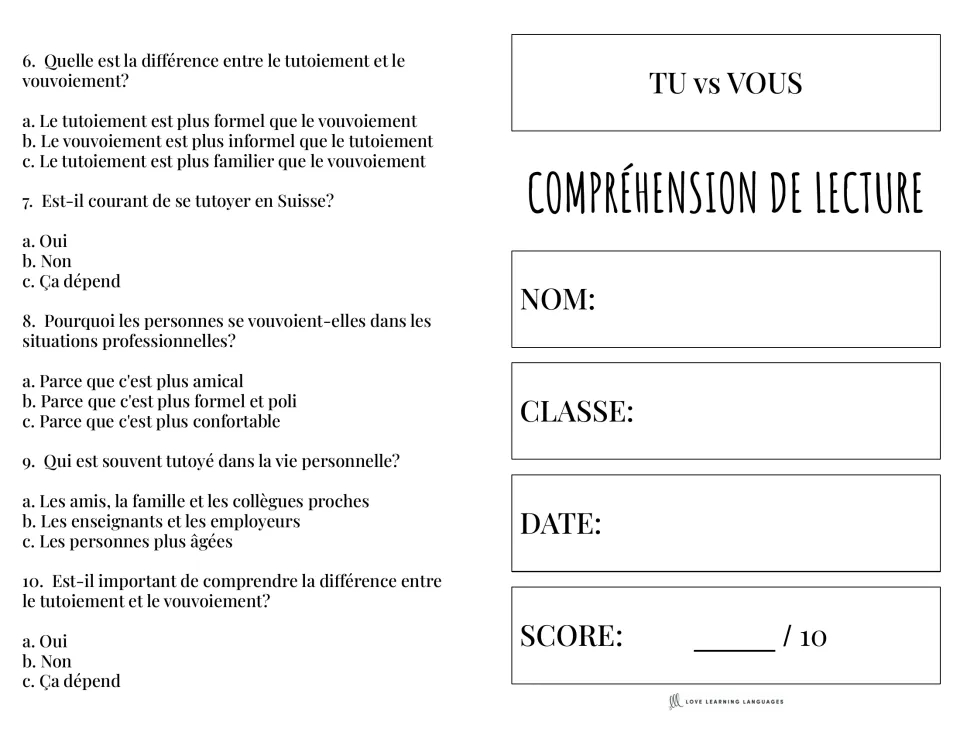 Reading booklet cover and questions 6–10 on tu (informal you), vous (formal you), and social situations