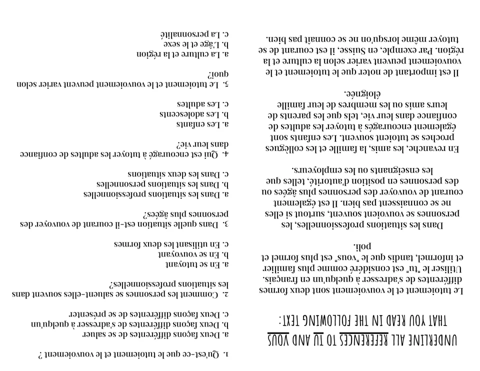 French reading passage on informal tu and formal vous, an underlining task, and comprehension questions 1–5