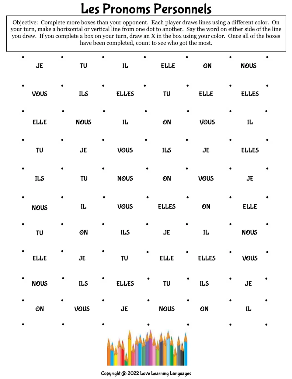French subject pronoun game sheet: je (I), tu (you), il (he), elle (she) and five more pronouns.