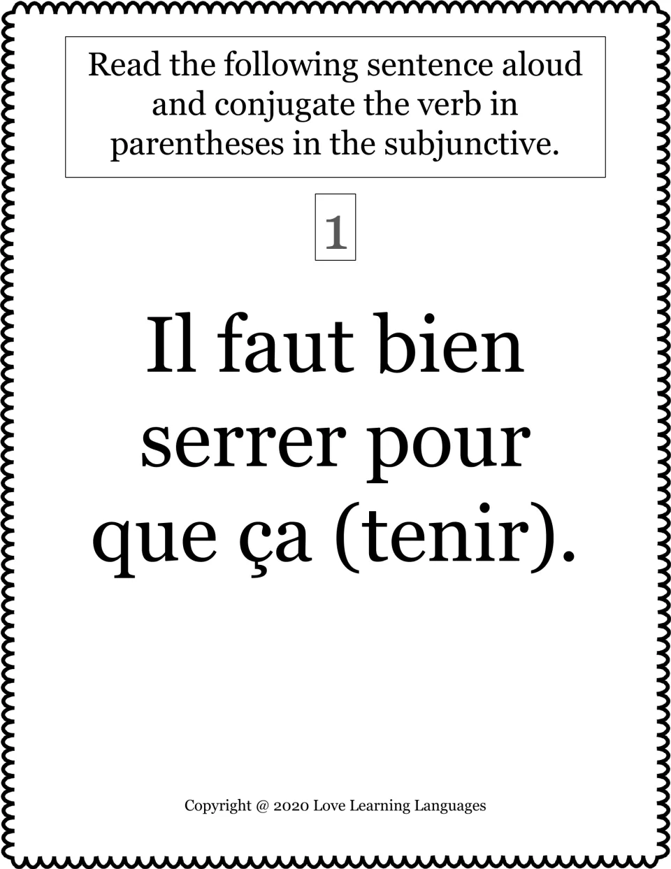 French subjunctive task card 1: “Il faut bien serrer pour que ça (tenir),” using tenir (to hold).