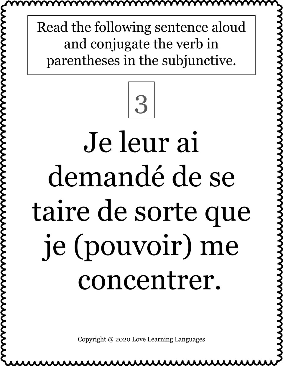 French subjunctive task card 3: conjugate pouvoir (to be able) after “de sorte que” in a sentence about focusing.
