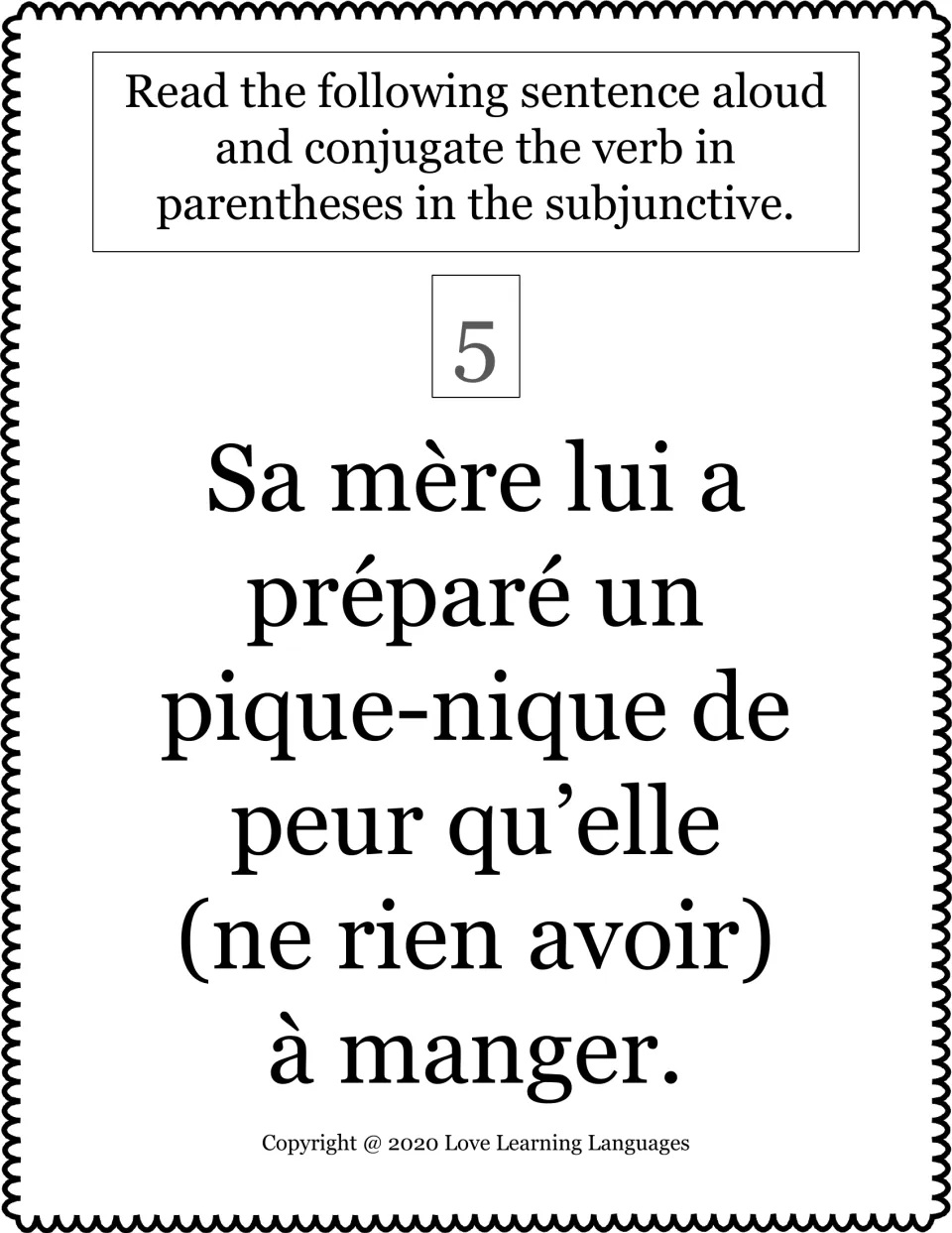 French subjunctive task card 5: use “ne rien avoir” (to have nothing) after “de peur que,” about a picnic.
