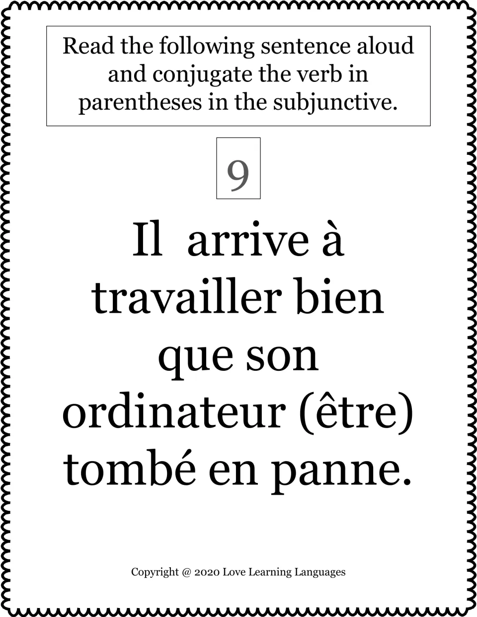 French subjunctive task card 9: conjugate être (to be) after “bien que,” about working despite a broken computer.