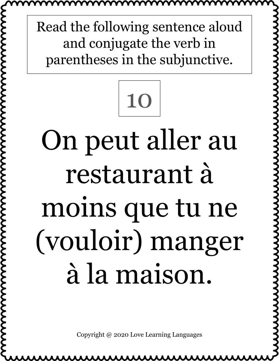 French subjunctive task card 10: conjugate vouloir (to want) after “à moins que,” about where to eat.