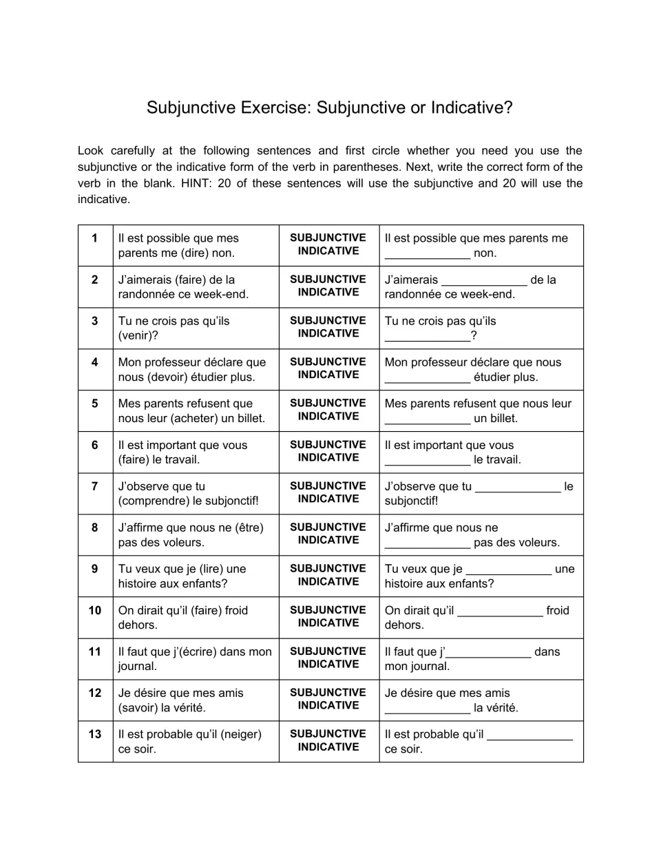 Subjunctive or indicative: students circle the mood for French sentences 1-13, then write the correct verb form