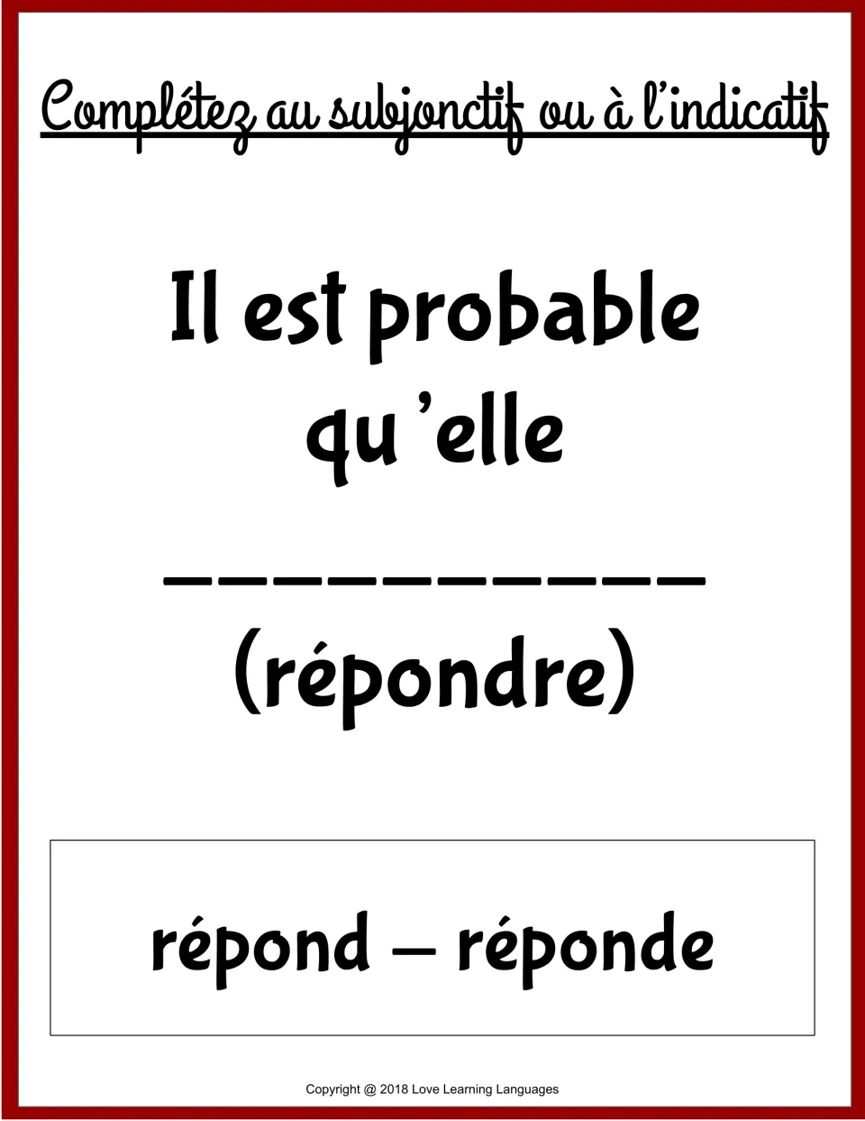 French grammar card 3: complete 'Il est probable qu’elle' using répond or réponde, forms of répondre.