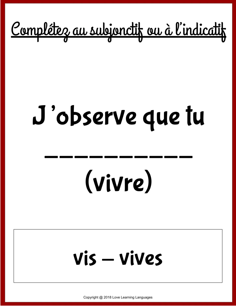 French grammar card 5: complete 'J’observe que tu' using vis or vives, forms of vivre (to live).