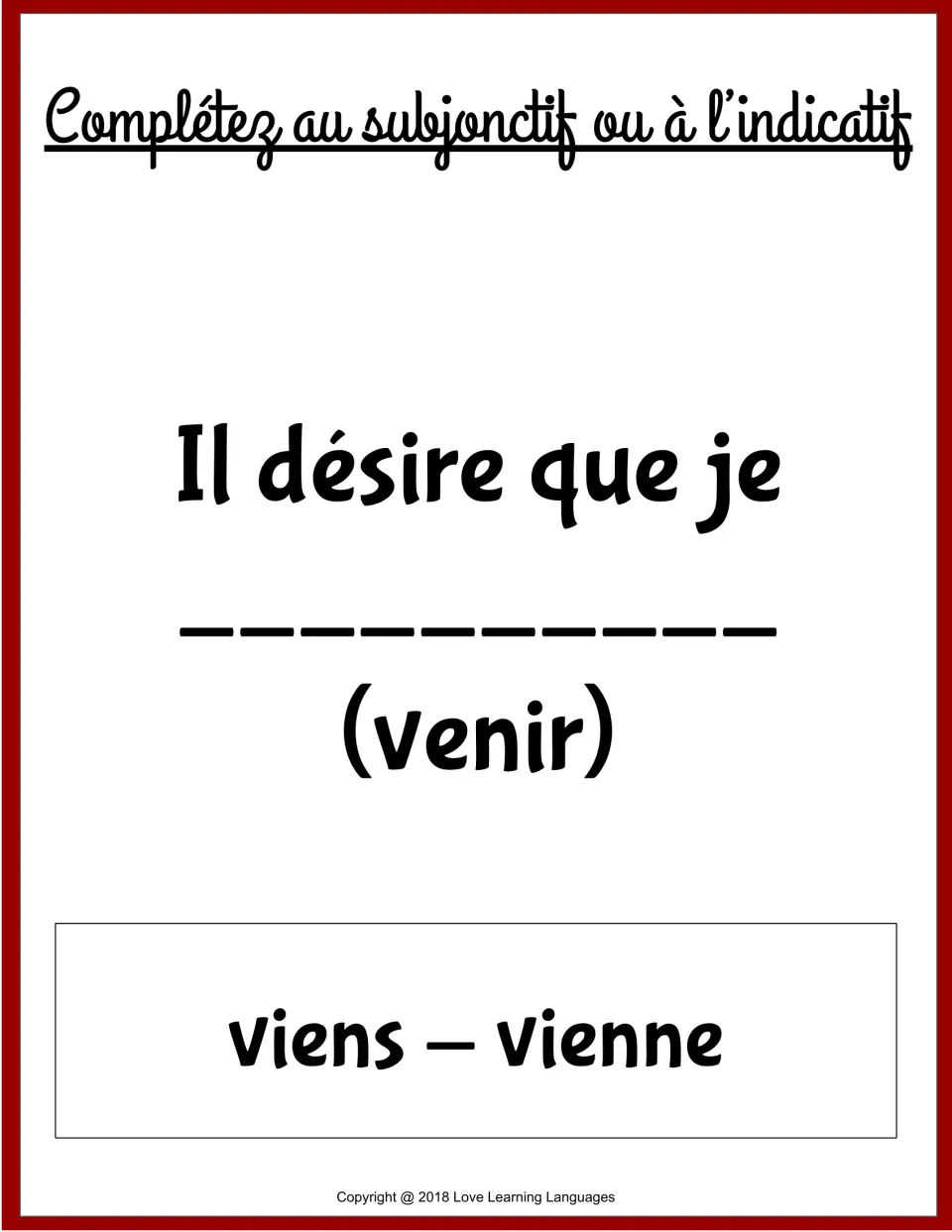 French grammar card 9: complete 'Il désire que je' using viens or vienne, forms of venir (to come).