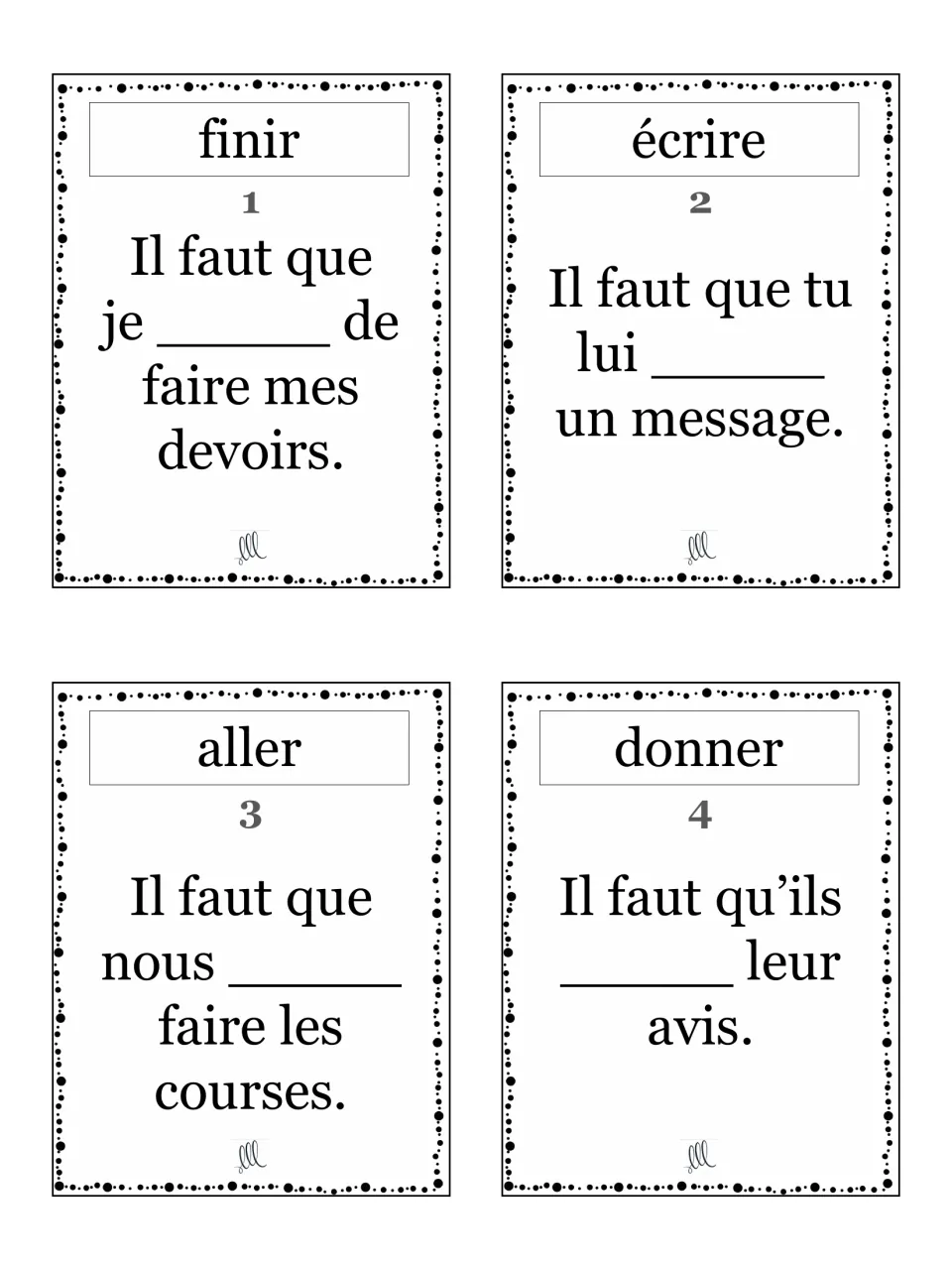 Il faut que subjunctive cards 1-4: students conjugate finir, écrire, aller and donner to complete each French sentence