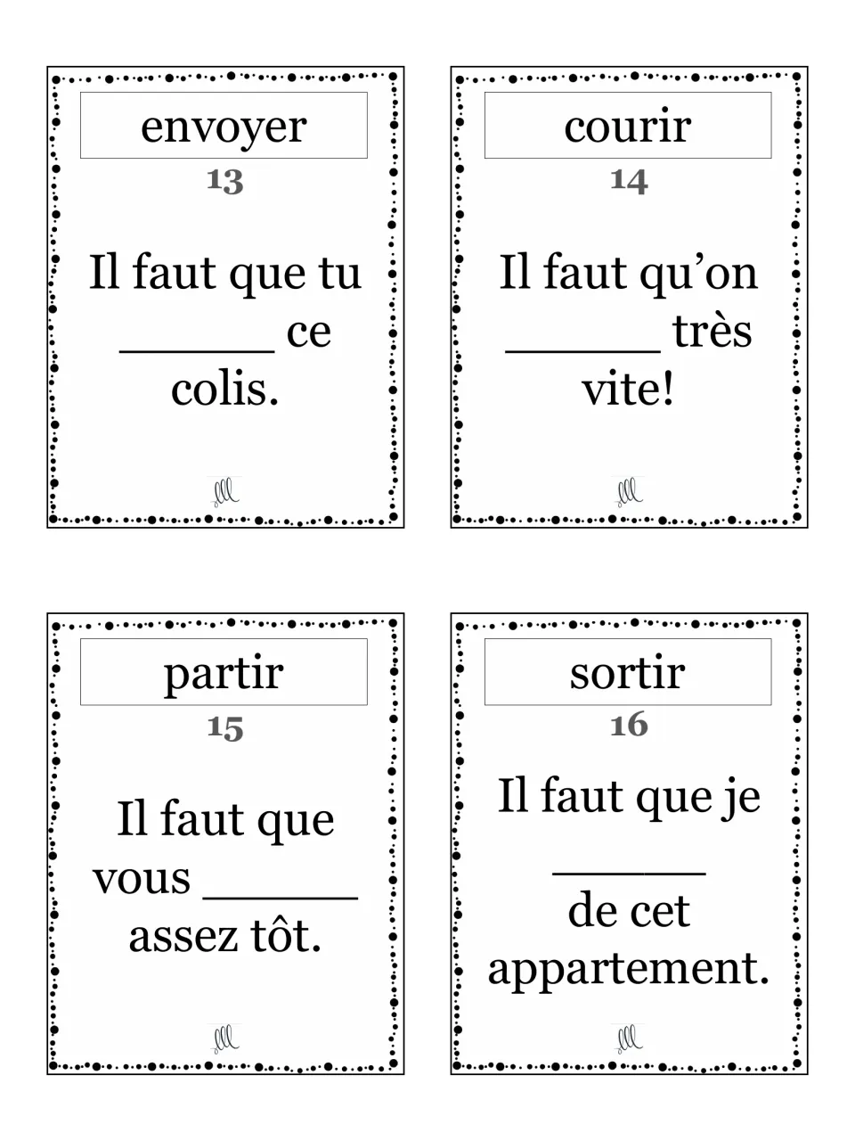 Cards 13-16 practise the subjunctive of envoyer, courir, partir and sortir in sentences such as Il faut que tu ___ ce colis