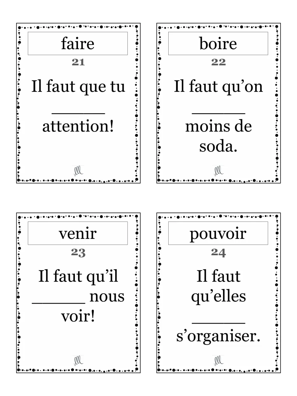 Cards 21-24 cover faire, boire, venir and pouvoir: students conjugate each verb in the subjunctive to fill each blank