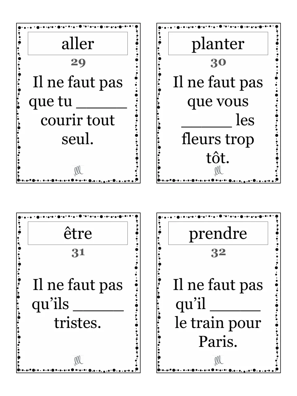 Il ne faut pas que cards 29-32: students complete negative sentences with subjunctive aller, planter, être or prendre