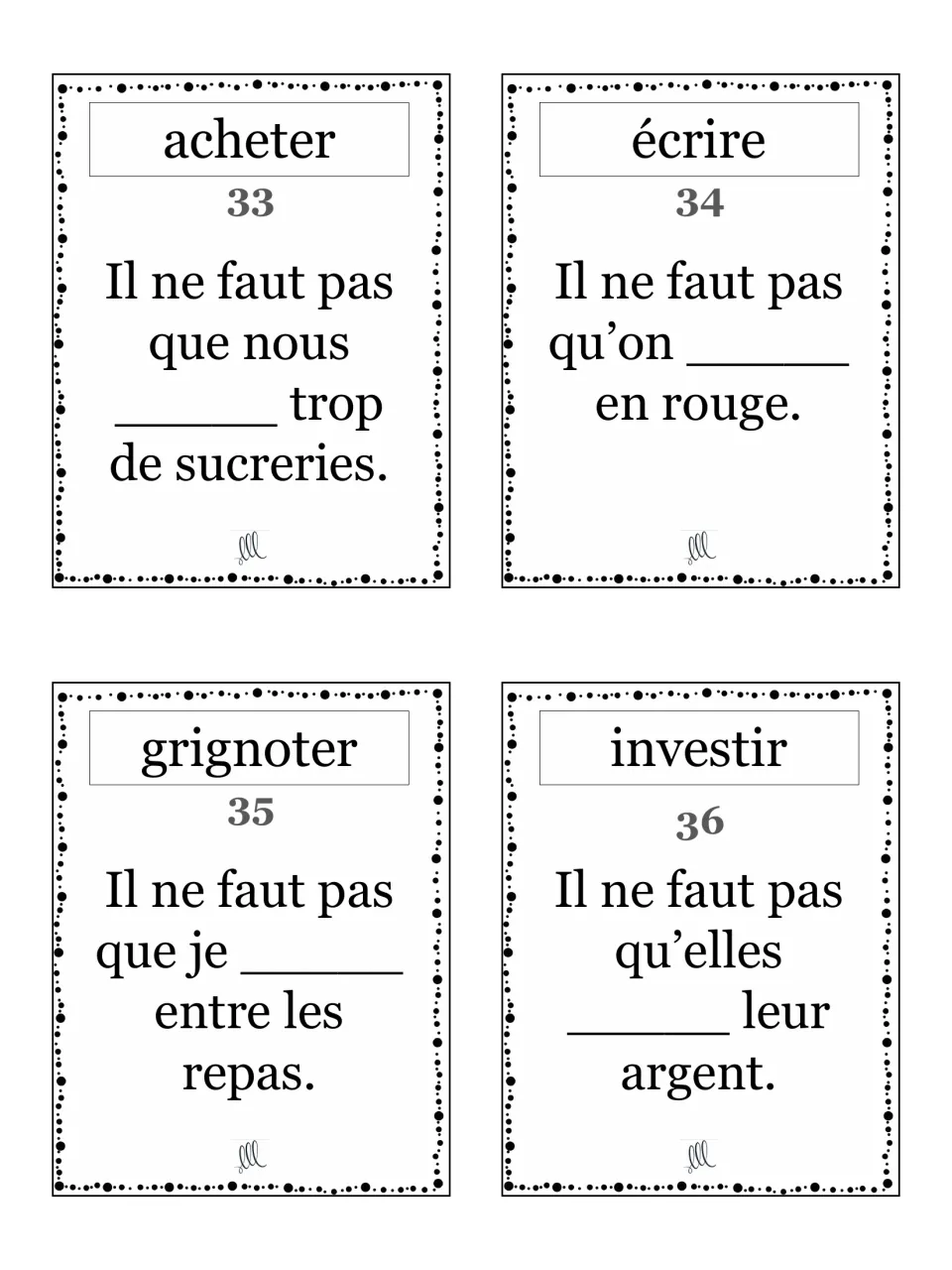Cards 33-36 use acheter, écrire, grignoter and investir in negative subjunctive sentences like not snacking between meals