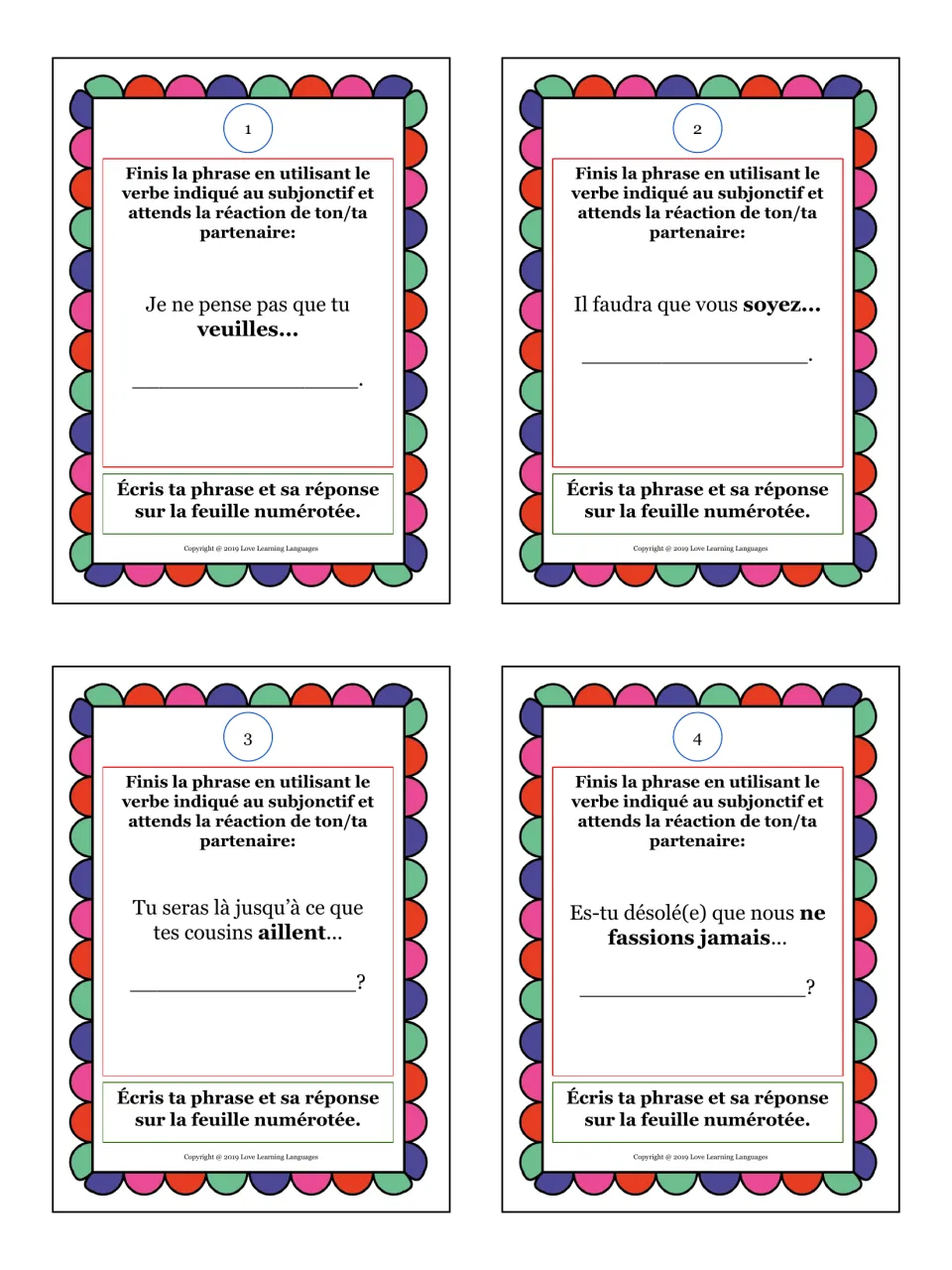 French subjunctive cards 1-4: students finish starters using veuilles, soyez, aillent and fassions, then await a reply