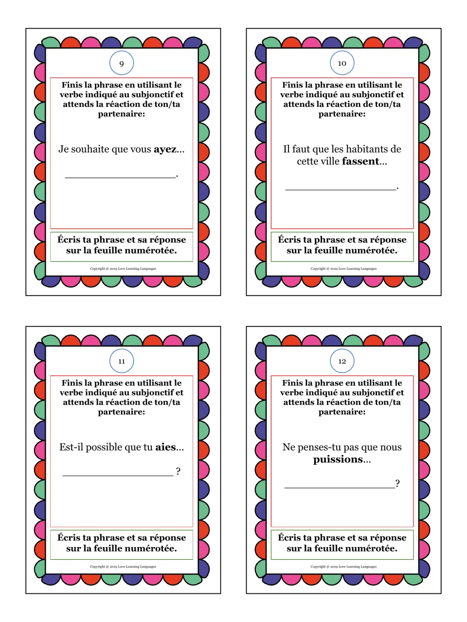 Subjunctive speaking cards 9-12: complete starters with ayez, fassent, aies and puissions, then write the reply on a sheet