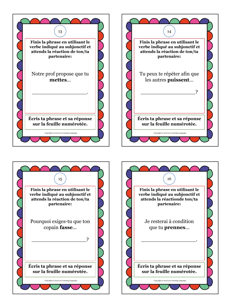 Cards 13-16: students use the subjunctive after proposer, afin que, exiger and à condition que to finish each prompt
