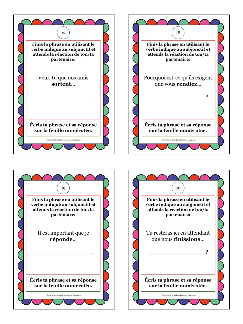 Cards 17-20: partners complete subjunctive prompts using sortent, rendiez, réponde and finissions, logging replies