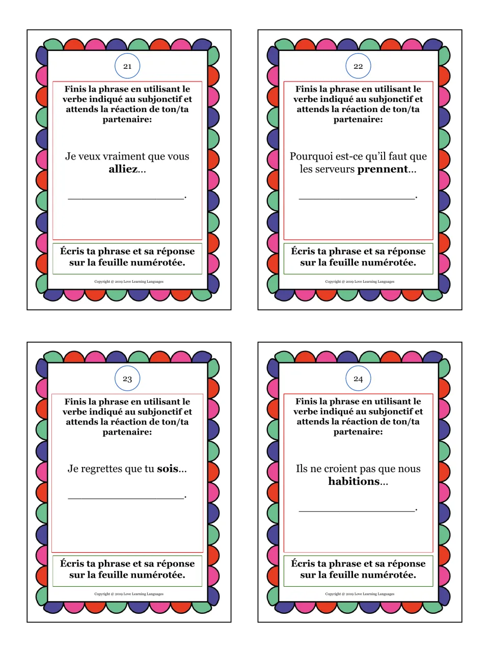 Cards 21-24 on vouloir, il faut que, regretter and croire: students finish with alliez, prennent, sois and habitions