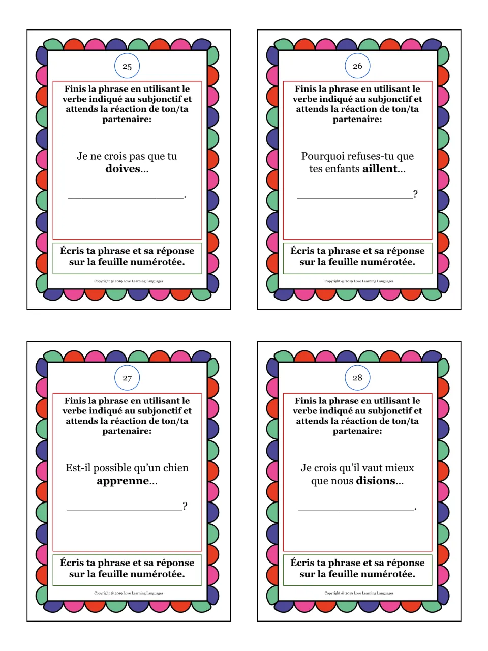 Cards 25-28 pair doubt and possibility with the subjunctive: students extend doives, aillent, apprenne and disions