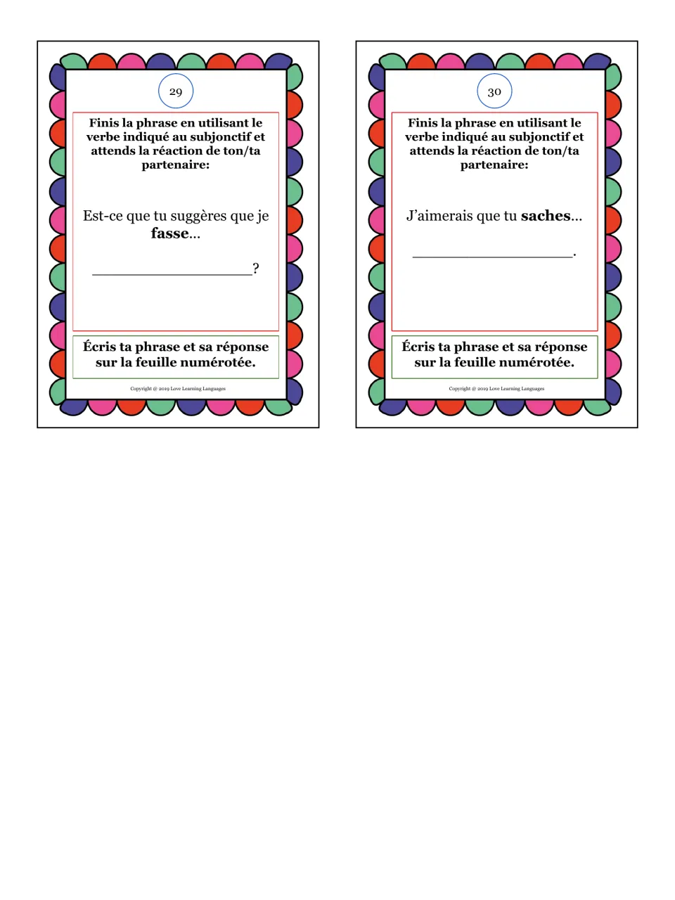 Final cards 29 and 30: students finish Est-ce que tu suggères que je fasse... and J'aimerais que tu saches... aloud