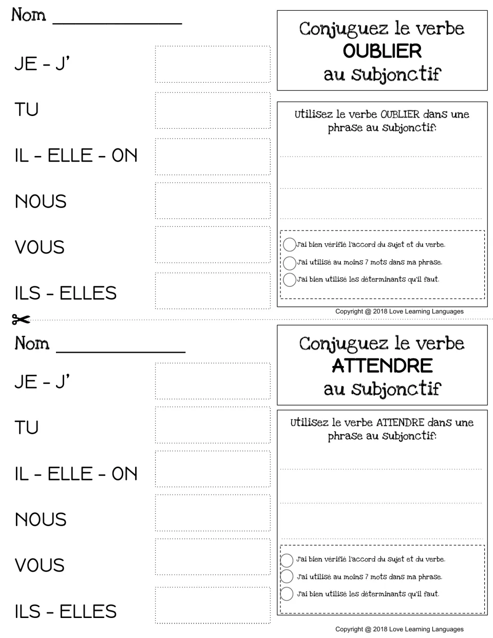 Subjunctive of oublier and attendre: students fill in all six forms of each verb, then use it in a sentence of 7+ words