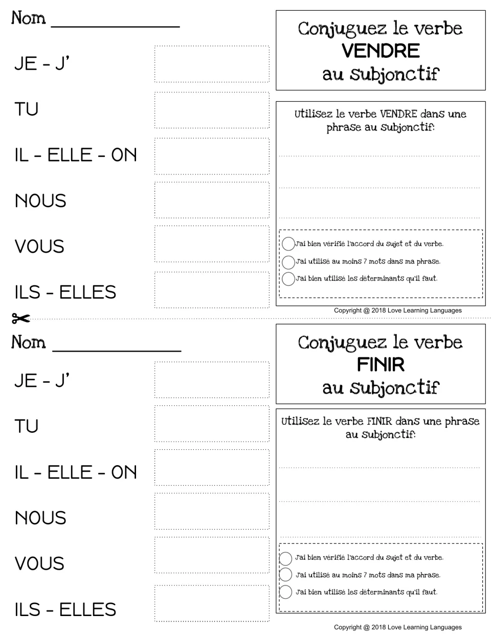 Subjunctive of vendre and finir: two cut-apart slips where students conjugate each verb and compose an original sentence