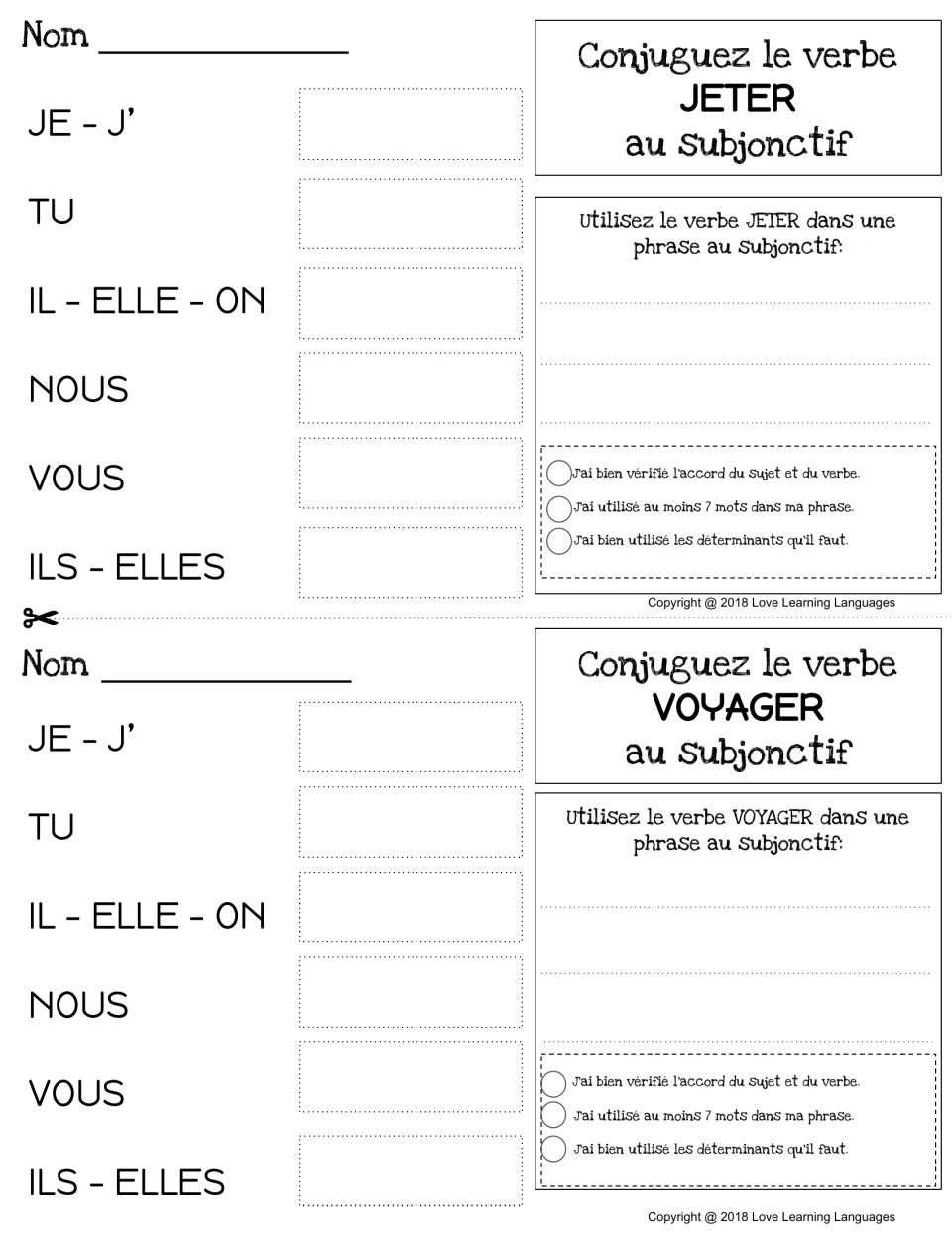 Subjunctive of jeter and voyager: students complete the six forms of each verb and write a subjunctive sentence below