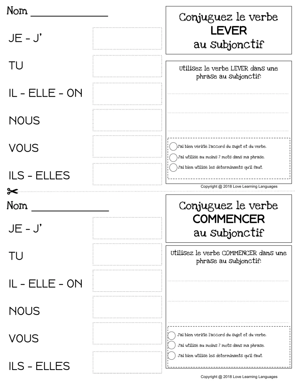 Subjunctive of lever and commencer: half-page slips to conjugate each verb, write a sentence and tick a 3-point checklist