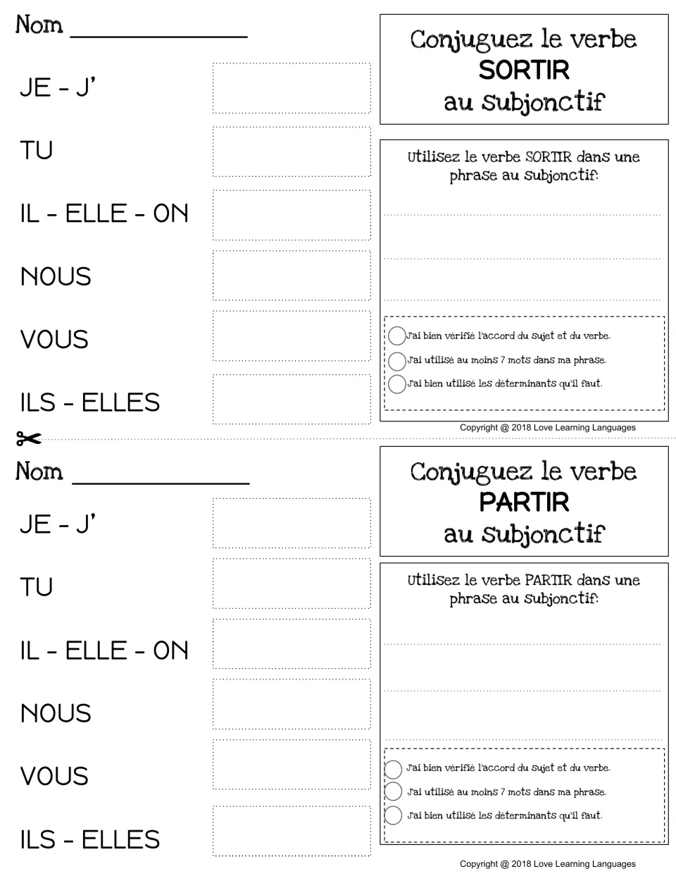 Subjunctive of sortir and partir: students conjugate both -tir verbs for each pronoun and use them in a full sentence