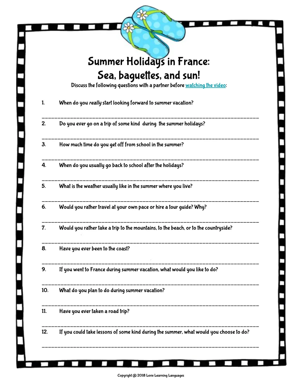 Pre-video discussion: 12 partner questions about summer vacation, travel preferences, and visiting France
