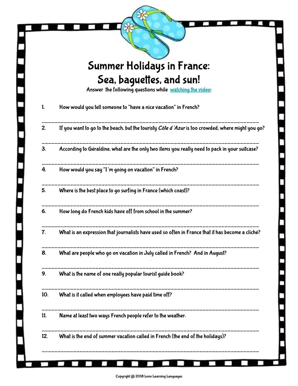 Video comprehension: 12 questions about French vacation phrases, beaches, school breaks, and summer customs