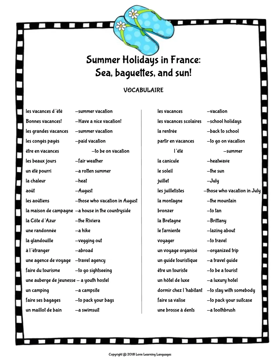 French summer vocabulary list: les vacances (vacation), la rentrée (back to school), and travel terms